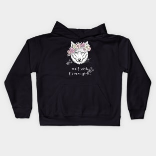 Wolf with flowers girls. Kids Hoodie